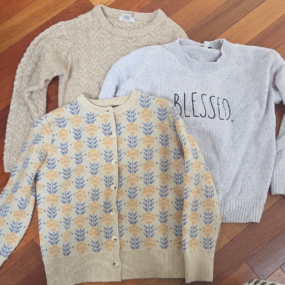 Rae Dunn Sweaters - Floral Patterned Cardigan and Blessed Sweater bundle 3 Set